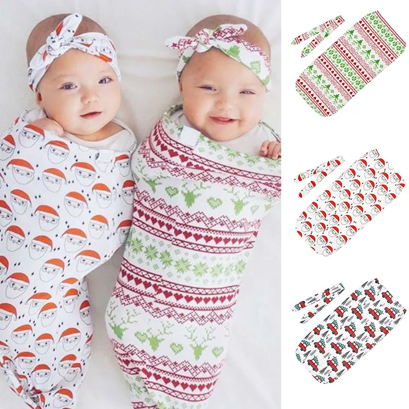 Xmas jul spädbarn nyfödd baby swaddling uppsättning blomma tryck filt nyfödd santa claus sovsäck med huvudband eller hatt 2pcs / set c5503