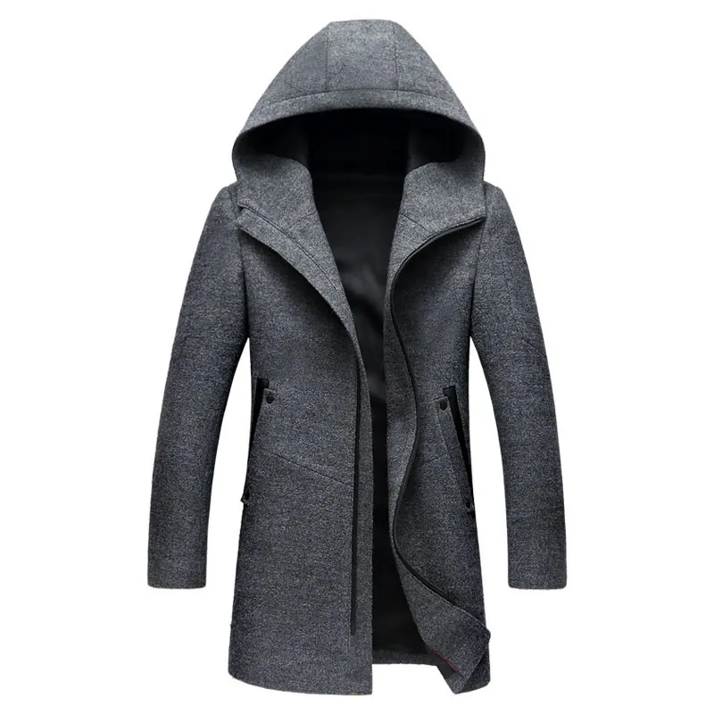 Hommes Long à capuche laine Trench Coat 2018 hiver nouveau décontracté laine à capuche Trench manteaux Slim Fit Zipper hommes coupe-vent caban 3XL