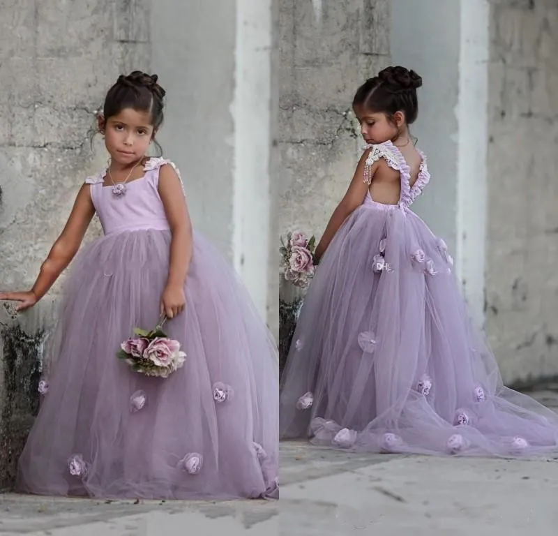 Flower Purple Lovely Square Neck Handmade Flowers Girl's Pageant Dresses Kids Prom Wedding Party Dress For Girls s