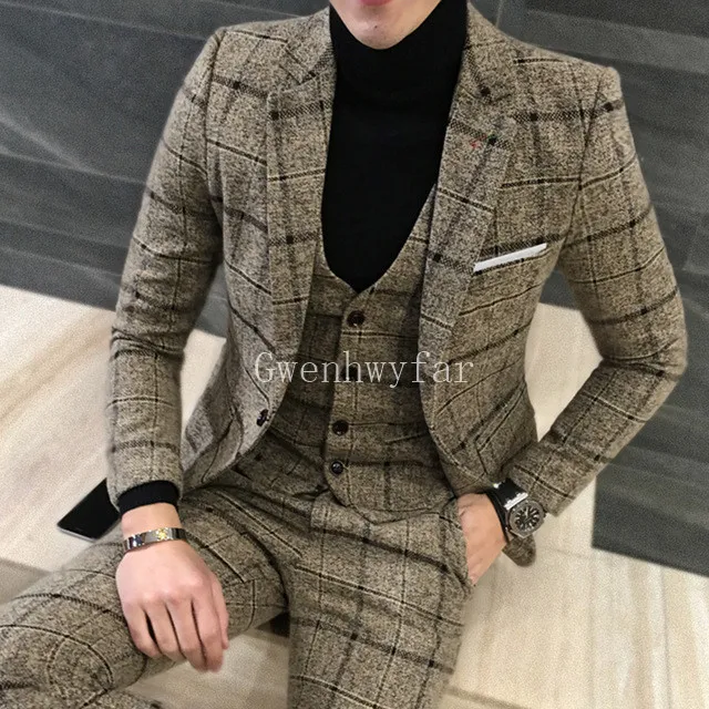 Fashion Design Male Suit 2018 Suit Men Set British Custom Made Fashion Plaid Mens Suits Tweed Tuxedos Casual Blazer (Jacket+Pants+Vest) 3Pcs