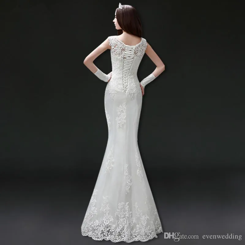 Scoop Neck Lace Tulle Mermaid Wedding Dresses New Floor Length Wedding Gown Lace Up Bridal Dresses
