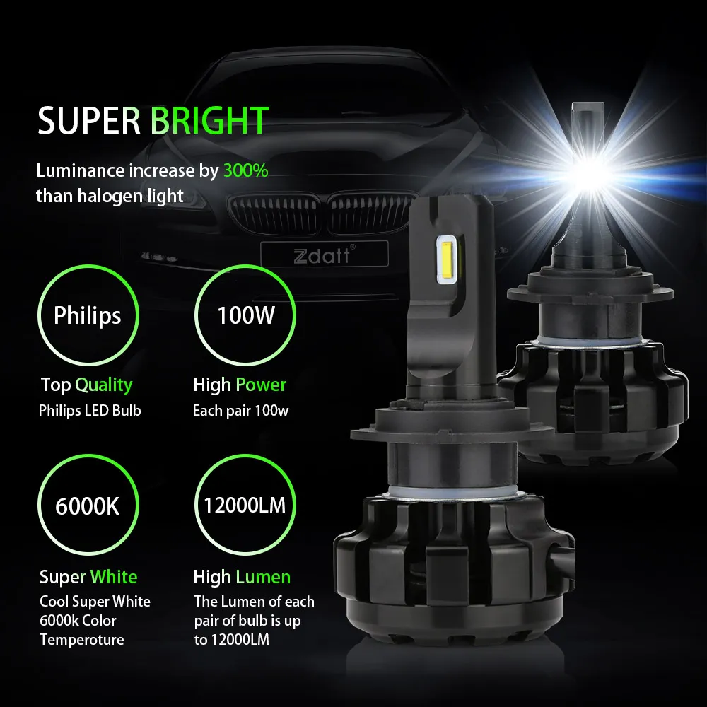 2pcs 12v H7 100w High Power 6000k Super Bright White Halogen Bulb