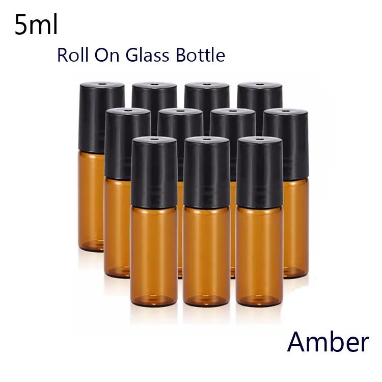 Taşınabilir 50 adet / grup 5 ml (1/6 OZ) Mini Rulo Şişe Parfüm Parfüm Cam Şişeler Uçucu Yağ Çelik Metal Rulo Topu (Amber)