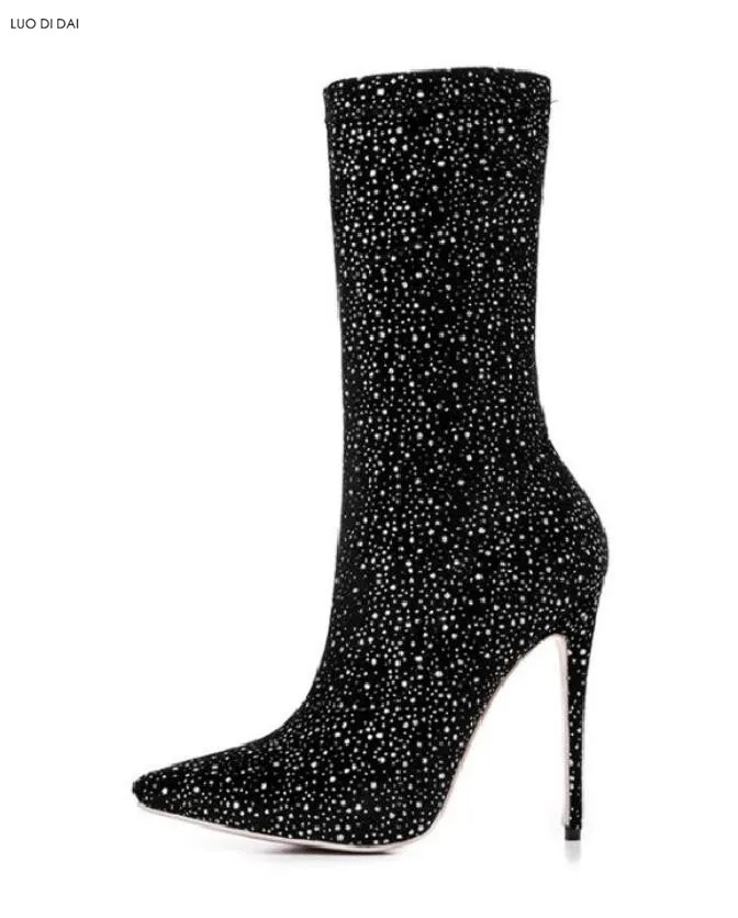 2018 Novas mulheres de salto alto moda botas de pano elástico coxa alta botas de glitter mulheres botas sobre o joelho botas altas mujer brilhante