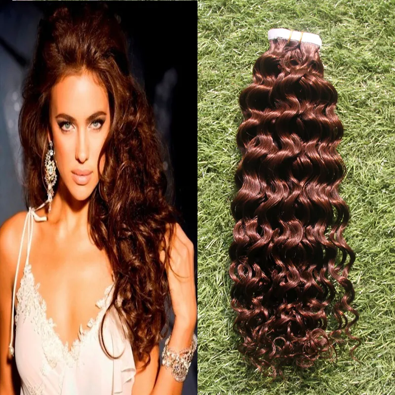 Human Tape In Hair Extensi 100g 2.5g/pc Double Sided Natural Human PU Hair Extensions Silky Curly Hair 33 Dark Auburn Brown