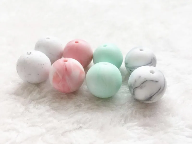 Silikon Tandpärlor Marmorfärg Lösa pärlor 9mm 12mm 15mm för DIY Chew Necklace Safe BPA Gratis Silikonpärlor Nursing Smycken
