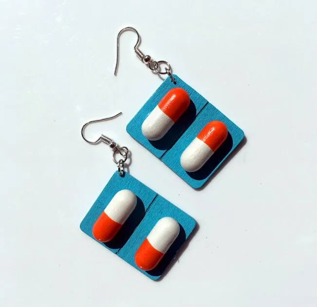 Handmade Wood Capsule Pill Fashion Dangle Earrings Hyperbole Pink Blue Wooden Medicine Drop Earring for Women Girl Party Jewelry