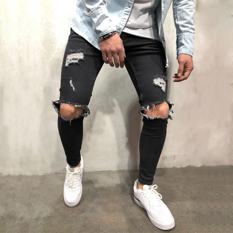 Nya män Skinny Knähål Stor Elasticitet Svart Blå Denim Byxor Mode Man Ripped Streetwear Jeans Byxor