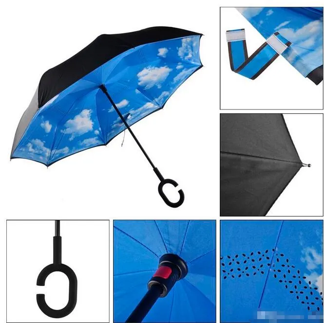 2018 Creative Inverted Umbrellas Double Layer With C Handle Inside Out Reverse Windproof Umbrella GA149