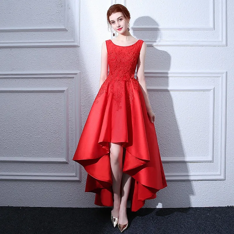 U-Ausschnitt Spitze Satin Abendkleider 2019 Perlen High Low Ballkleid Rote Partykleider Elegant