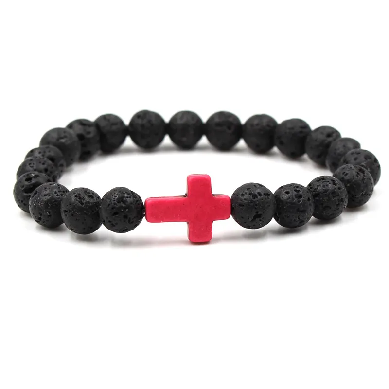 Bracelet en pierre de lave noire naturelle, 9 couleurs, élastique, croix, diffuseur d'huile essentielle, Bracelet en perles de roche volcanique