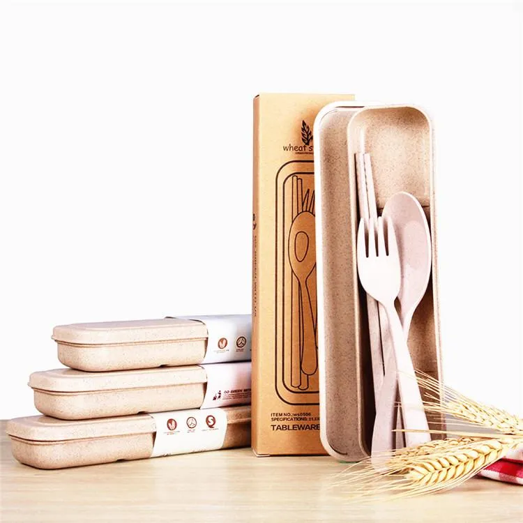 New Portable Wheat Straw Spoon Fork Chopsticks Set Tableware Eco-friendly Reusable Wheat Straw Travel Camping Cutlery Set