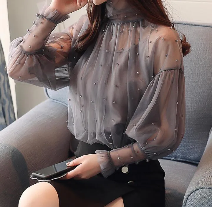 Lente Vrouwen Kanten Blouse Lange Mouwen Kralen Elegante Transparante Tops Lady's Casual Shirt Blouses Grijs Abrikoos C3246