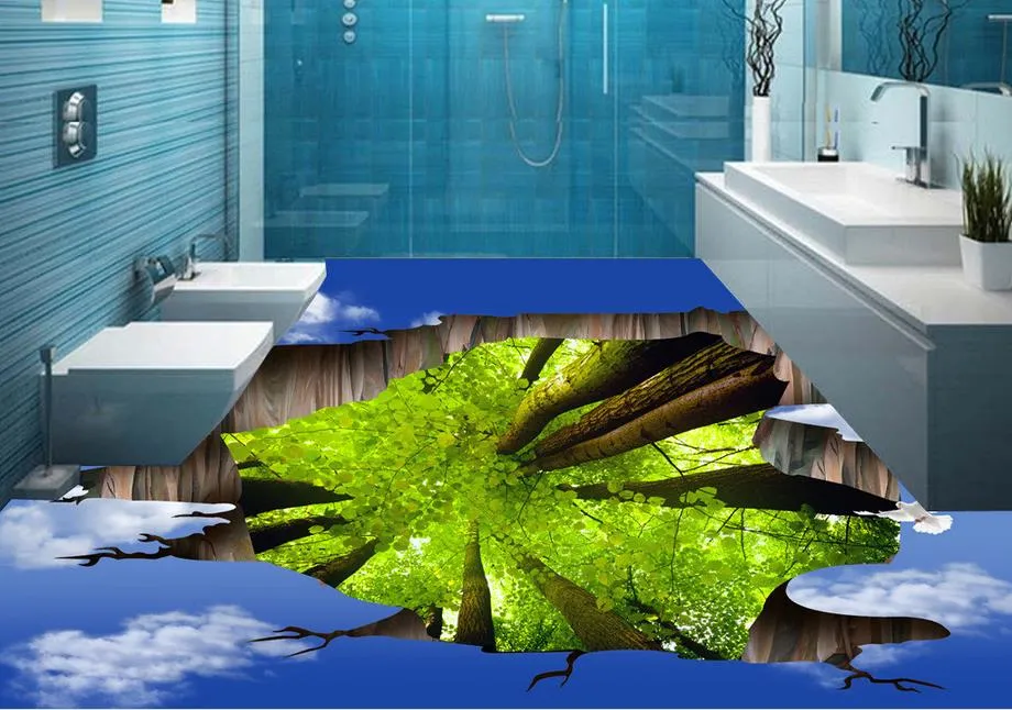 3D Floor Wallpaper HD Photo Wall Paper Blue sky tree for Living Room Kids Room Floor Self-adhesive PVC Waterproof Sticker
