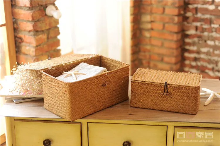 Organizador de caja de almacenamiento de cesta de mimbre con cerradura de tapa para almacenamiento en el hogar