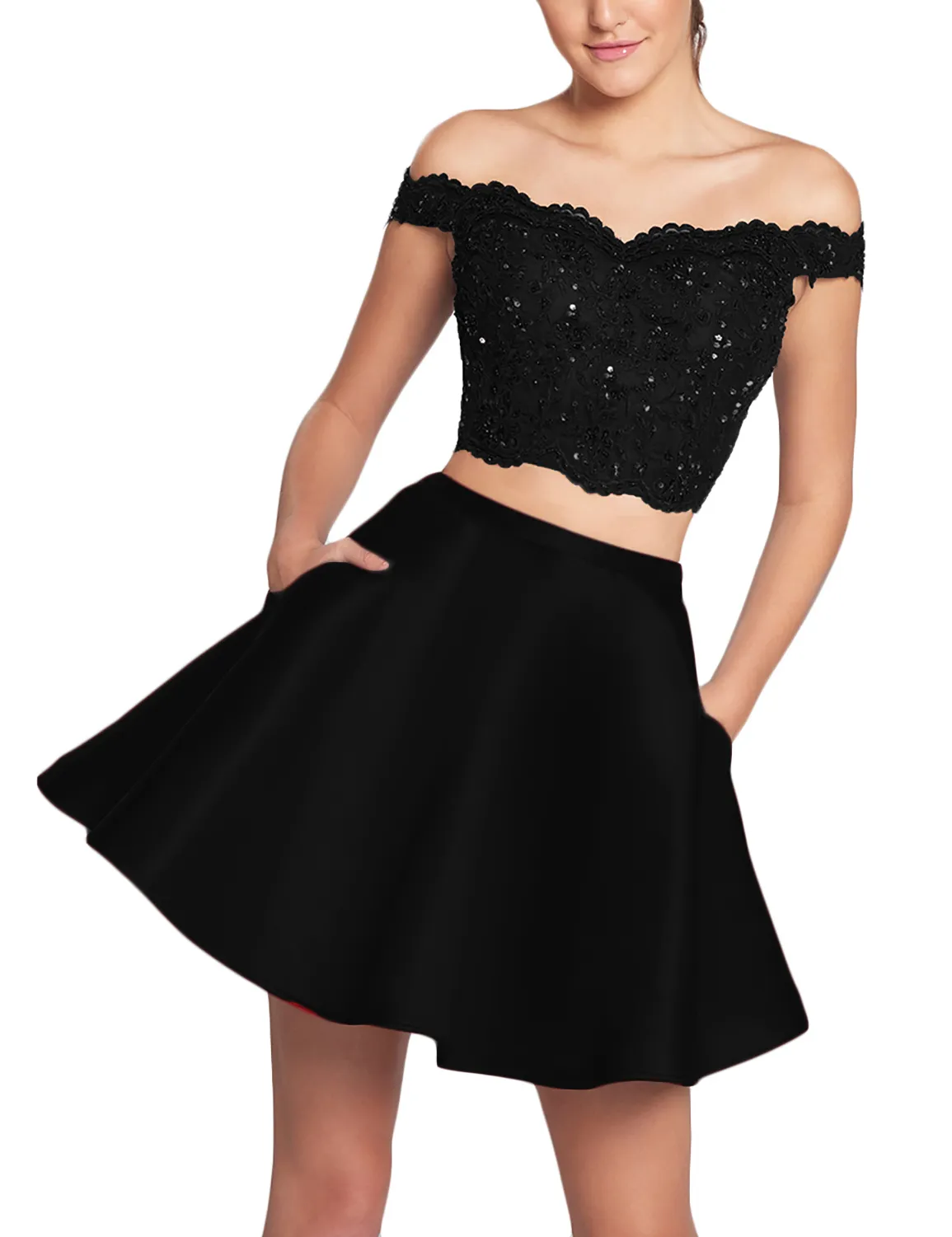 2018 de color negro fuera del hombro Vestidos de regreso a casa de encaje  Vestido de fiesta corto de dos piezas para niñas