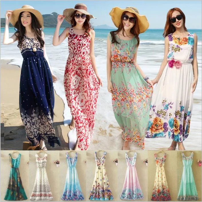 Kleider Women Bohemian Beach Kleid Sommer Blumenboho Blumenkleid Mädchen drucken lange Maxi -Kleider Mode ärmellose Chiffon Badebekleidung 3919