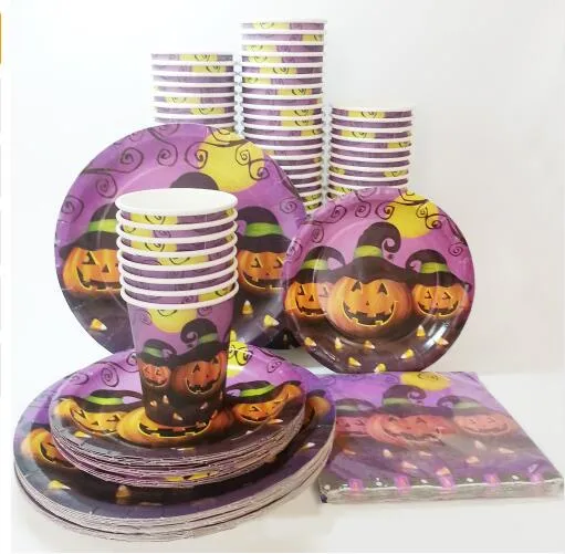 40pcs /セットハロウィーンクリスマスの使い捨て可能食器セットプレート紙カップナプキン板紙パーティー食器類の付属品付属品