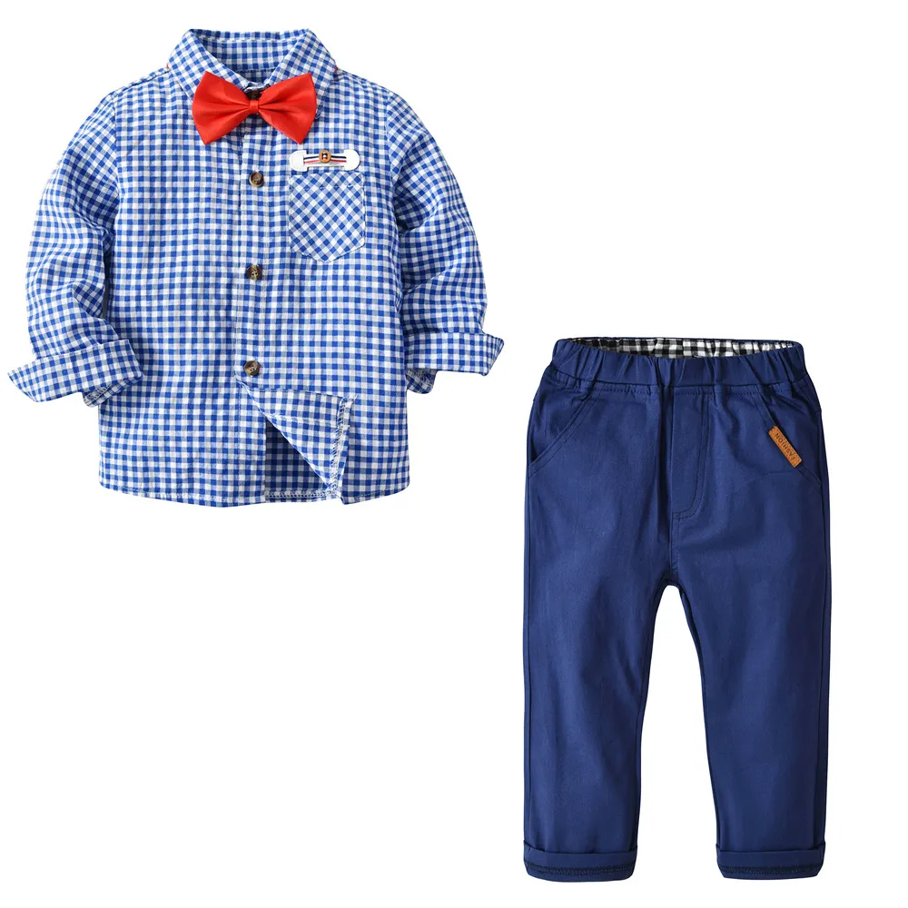 Herren-Kleidungsset für Jungen, langärmelig, kariertes Hemd + Jeanshose, 100 % Baumwolle, Frühlings- und Herbstkleidung für Jungen, zweiteilige Sets