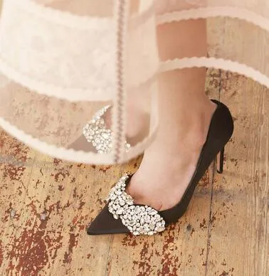 2018 Sexy Black Satin Women Pumps Luxury Crystal Big Bowtie Bride Shoes Woman Chaussure Femme Wedding Pointed Toe High Heels