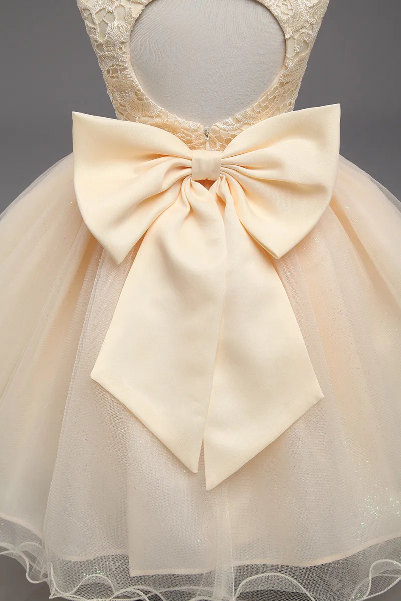 Champagne 2022 Flower Girl Dresses With Bow Princess Baby Birthday Lace Kids Jewel Neck Backless Puffy Wedding Party Girls Gown Pageant