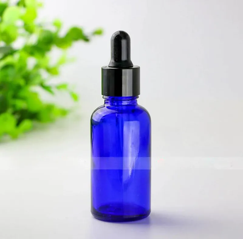 Partihandel 440pcs / Lot Blue Glass Flaskor Dropperflaskor med svart guld Silver Cap, Essential Oil Bottles 30ml Gratis frakt