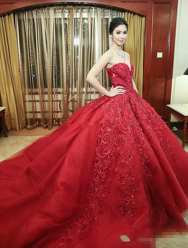 One SHoulder Red Ball Gown Prom Dress Beaded Pageant Dress 222191 –  SELINADRESS