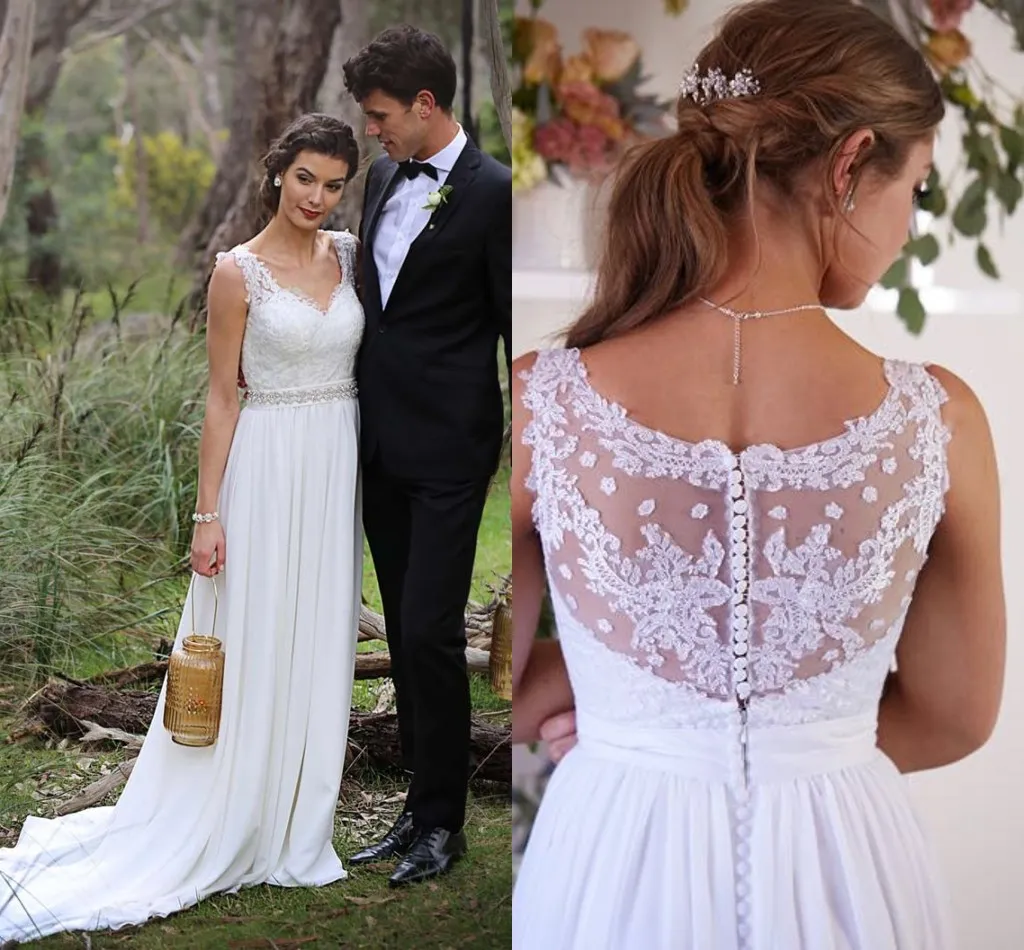 Mode Boho Chiffon Günstige Brautkleider Hohlrücken Applikation Spitze Kristall Strass Band Land Hochzeit Brautkleid Kleider Plus Größe