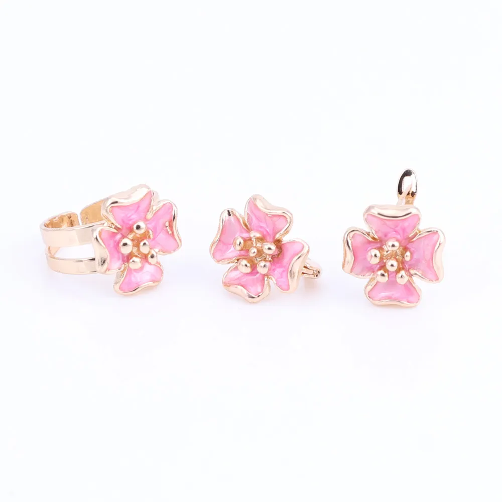 Gold Color Enamel Flower Necklace Bangle Bracelet Ring Set For Children Kids Costume Jewelry Sets 9758001