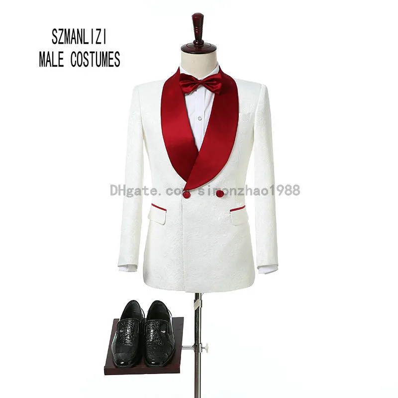 2018 Custom Made Groomsmen Branco Impresso Formal Vestidos de Casamento Dos Homens Se Vestem Do Noivo Smoking Double Breasted Ternos Do Partido Dos Homens de Casamento Melhor Homem Blazer