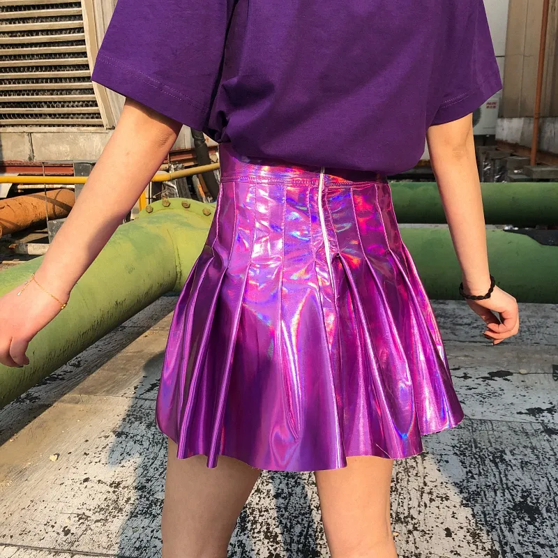 Yeni Tasarım Kadın Harajuku Japon tarzı Yüksek Bel Seksi Pileli Lazer Gradyan Renk Shinny Kısa Etek Plus Boyut S M L