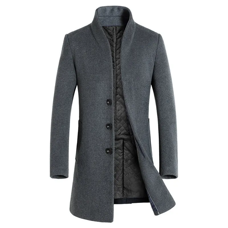 Mannen Fine Wool Blend Effen Kleur Casual Business Stand Collar Wollen Jassen / Mannelijke Slanke Windjack Coat Mannen Jassen