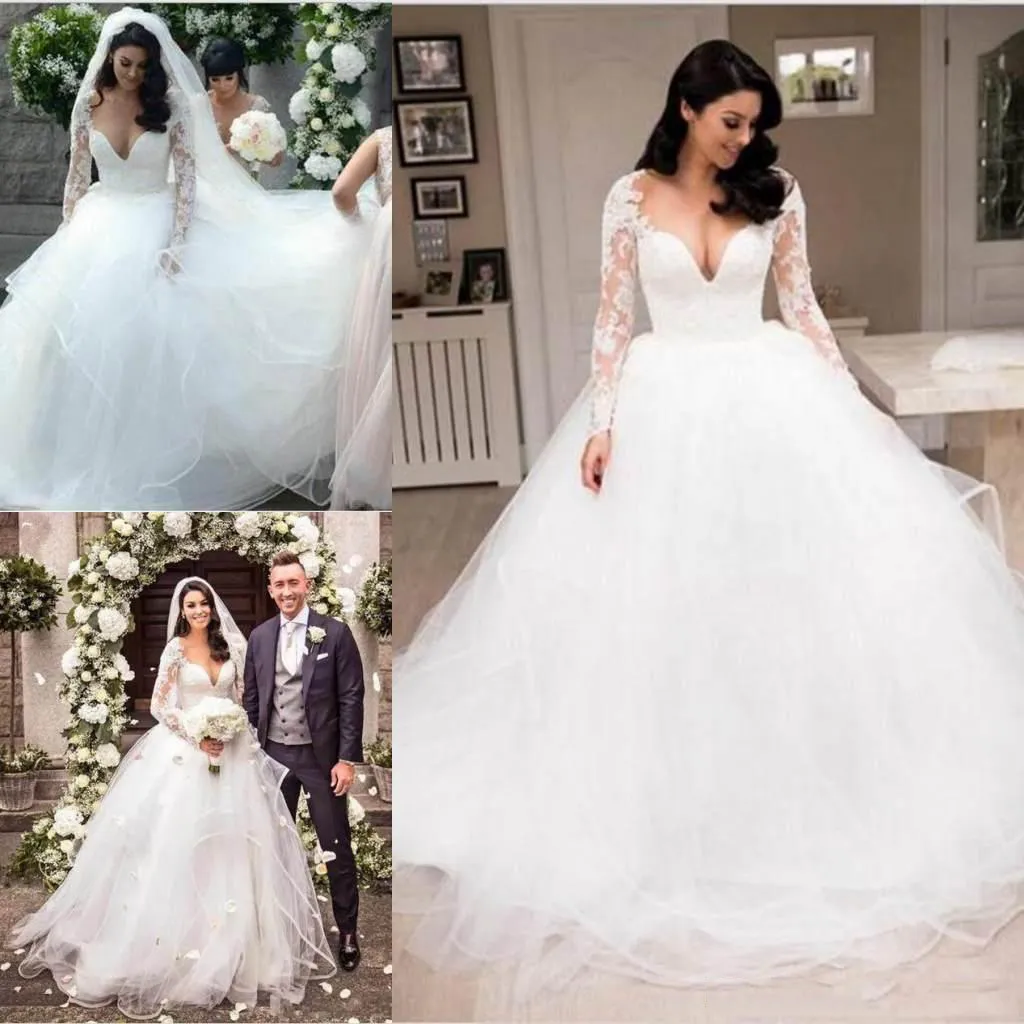 Vestidos de noiva branco elegante Mergulhando mangas compridas vestidos de casamento laço hierárquico Ruffle Custom Made vestidos de casamento bonito bonitas