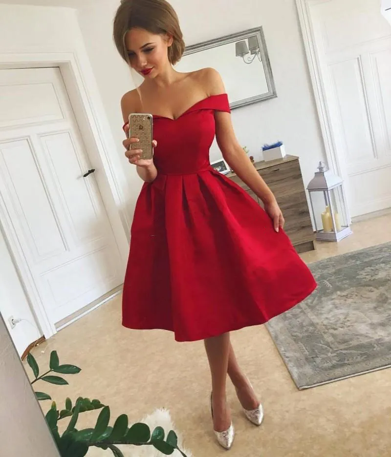 Off Shoulder Red Satin Short Sleeve Prom Dress With Ruffles