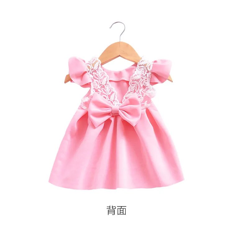 新しい夏の赤ちゃんガールズドレスイン子供のファッションフライスリーブレースちょう結び王女パーティードレス2色送料無料Z11