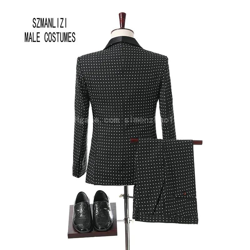 2018 kostuum Homme Custom Made Special Gelegenheid Mannen Pak Black White Dots Heren Blazers Bruidegom Tuxedos Trouwjurk Prom Pakken Bruidegrom