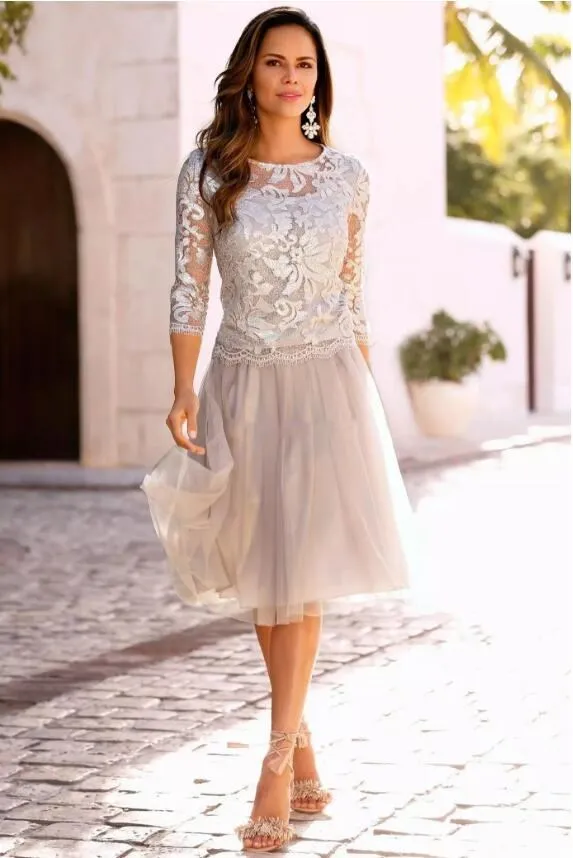 2020 Short Mother Of The Bride Dresses Lace Tulle 3 4 Long Sleeves Mother Bride Dress Knee Length Prom Gowns307h