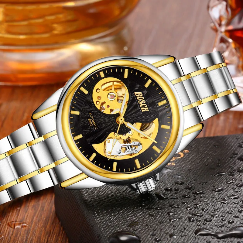 wengle Nouveau BOSCK casual luxe seikoautomatic creux imperméable à l'eau mécanique bande d'acier lumineux à travers le bas ceinture montres mécaniques