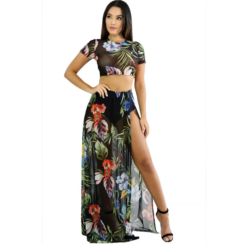 Summer Folor-length Women 2 Piece Dress 2018 Print Floral Crop Top con abito lungo Split See Through Maxi Bohemian Beach Dresses Vestido