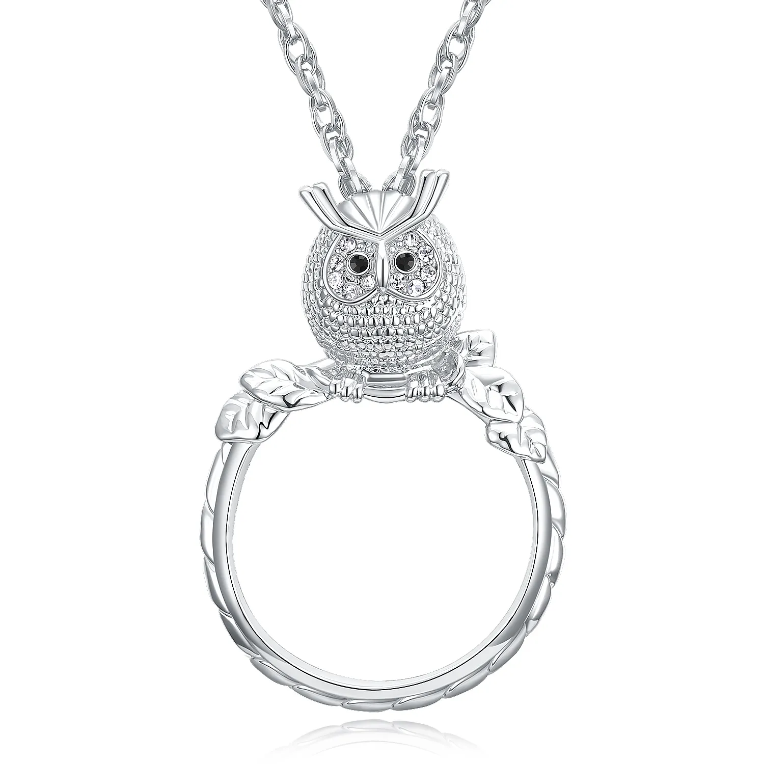 Förstoringsglas Halsband för läsning Kvinnors Fashion Owl Hängsmycke Halsband Rhodinpläterad med Crystal Magnifier Halsband