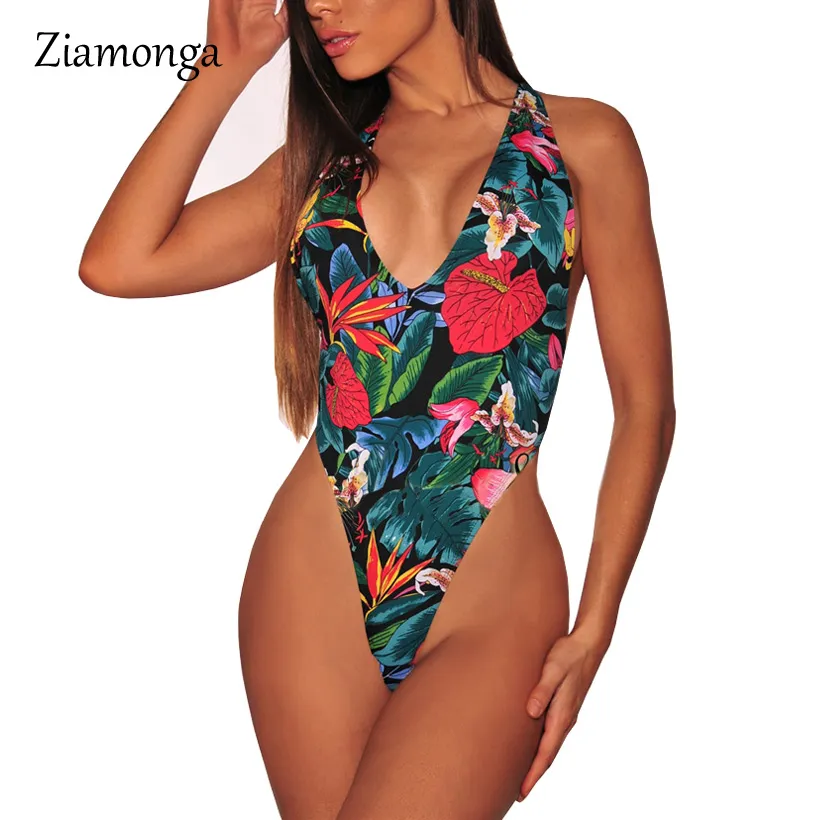 Ziamonga Seksi Çiçek Baskı Derin V Halter Fit Romper Vücut Siyam Bodysuit Fanila Kadın Backless Playsuits Bayan Tulum