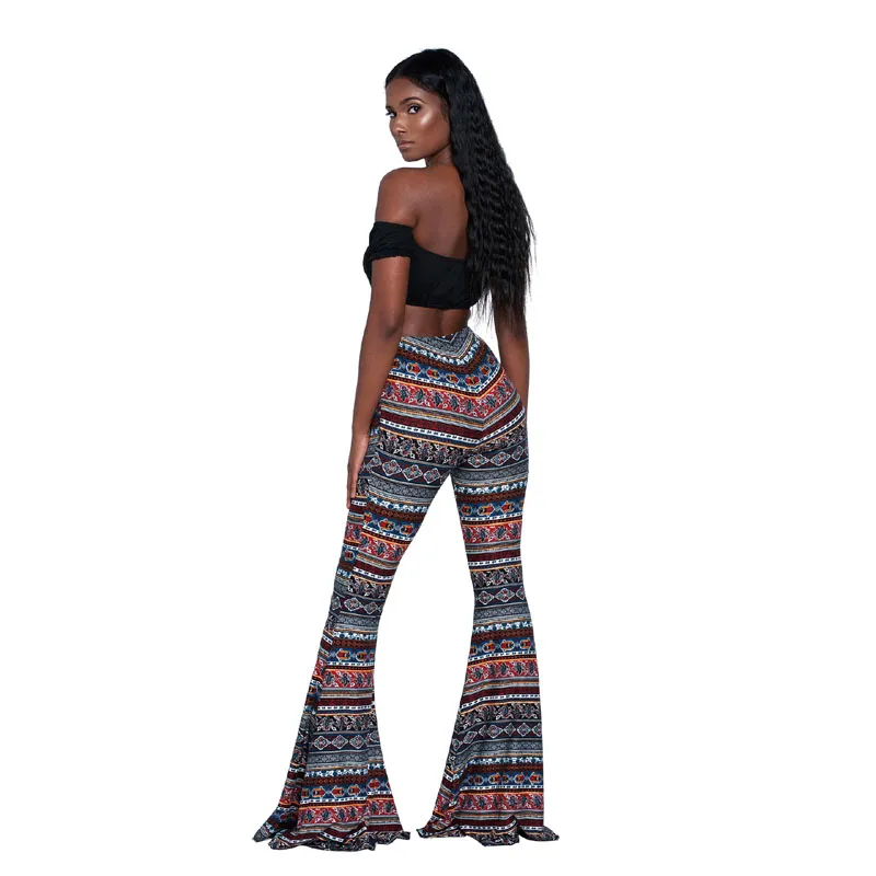 Summer Women Printed Beach Boho Long Pants Retro Loose Flare Pants Casual Bohemian Elastic Slim Trousers