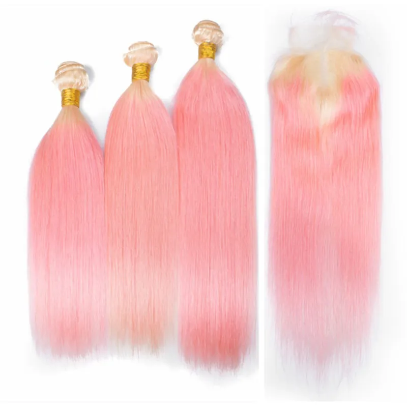 Loira e Rosa Cabelo Virgem Ombre Tece com Fecho Em Linha Reta # 613 / Rosa Ombre Cabelo Humano Indiano 3 Ofertas Bundles com 4x4 Fechamento de Rendas