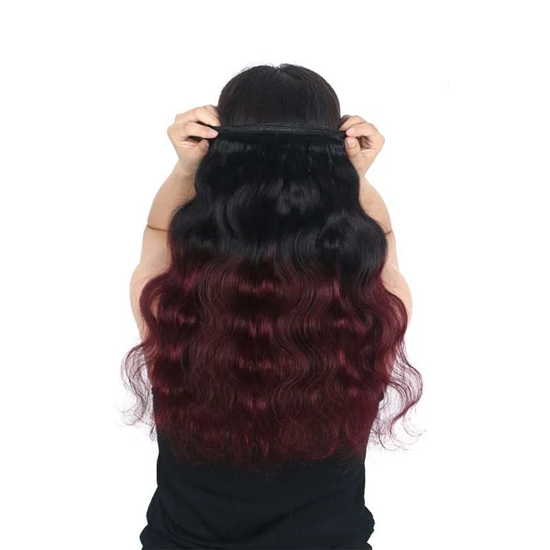 Ombre cabelo virgem brasileiro tece pacotes dois tons 1b99j vinho vermelho brasileiro peruano malaio onda do corpo extensões de cabelo humano 1184840