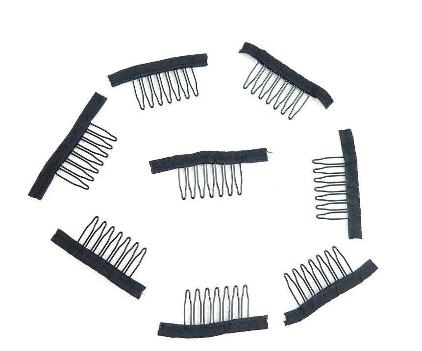7 Theeth Perukkammar i rostfritt stål för perukmössor Perukklämmor för hårförlängning Stark svart spets hårkam