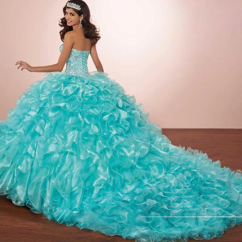 Masquerade Ballkleider Luxuskristalle Prinzessin Puffy Quinceanera Kleider Türkis Rüschen Vestidos De 16 Kleider Mit Bolero Jacke