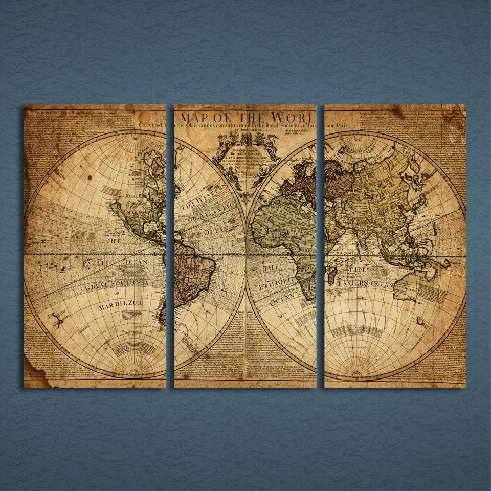 3 painéis mapa do mundo vintage pintura em tela decoração para casa arte da parede pintura em tela imagens para sala de estar poster3386415