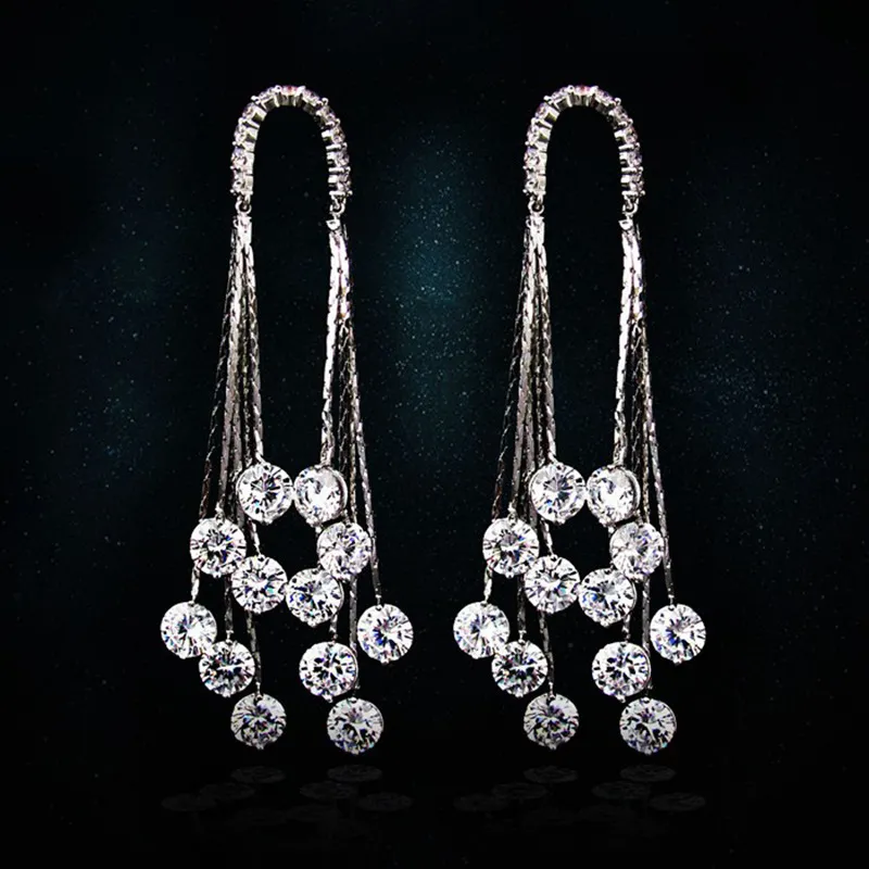 Sparkly Rhinestone Chandelier Earrings For Women | Long Dangling Silver Tassel Ear Studs With CZ Crystals