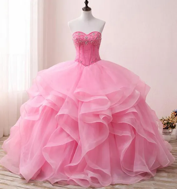 Ny ankomst rosa bollklänning bröllopsklänningar älskling kristaller boning design ruffles kjol spets-up back brud-kappor korsett