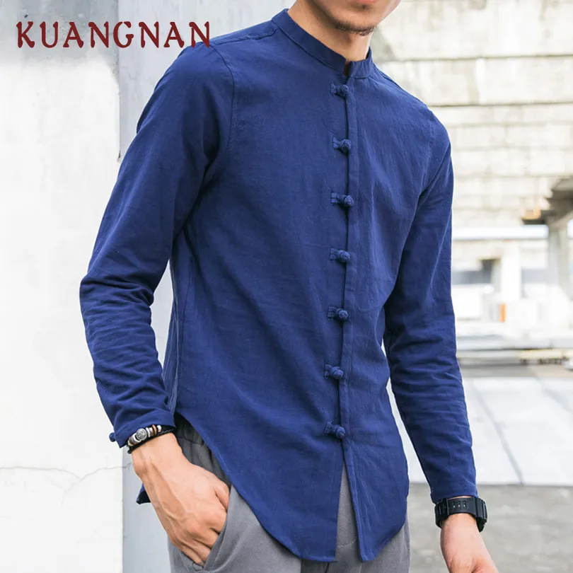 KUANGNAN Camicie di lino da uomo a maniche lunghe in stile cinese colletto alla coreana tradizionale camicia sociale casual Tang abbigliamento di marca